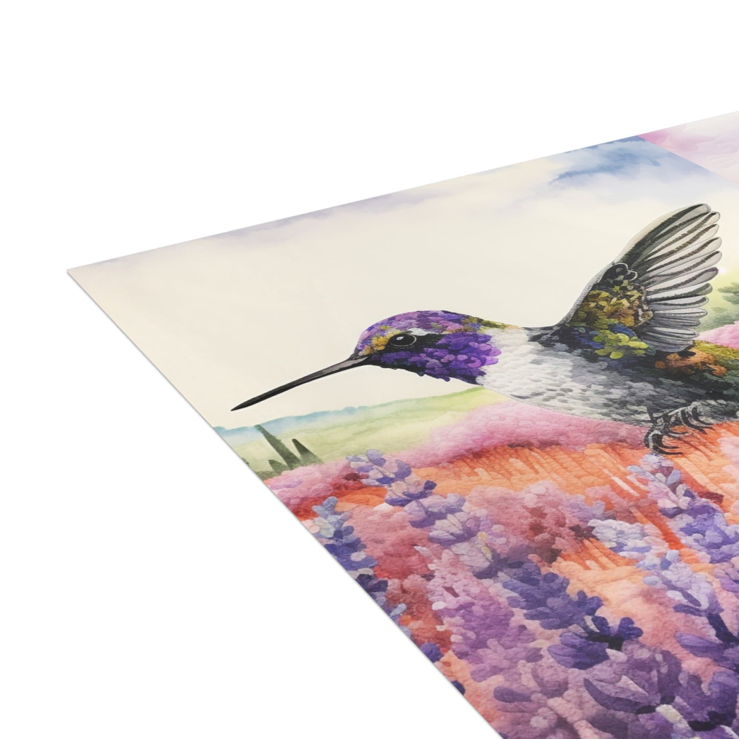 Threaded Wings: A humming's birds dance in a lavender field - Greeting Card