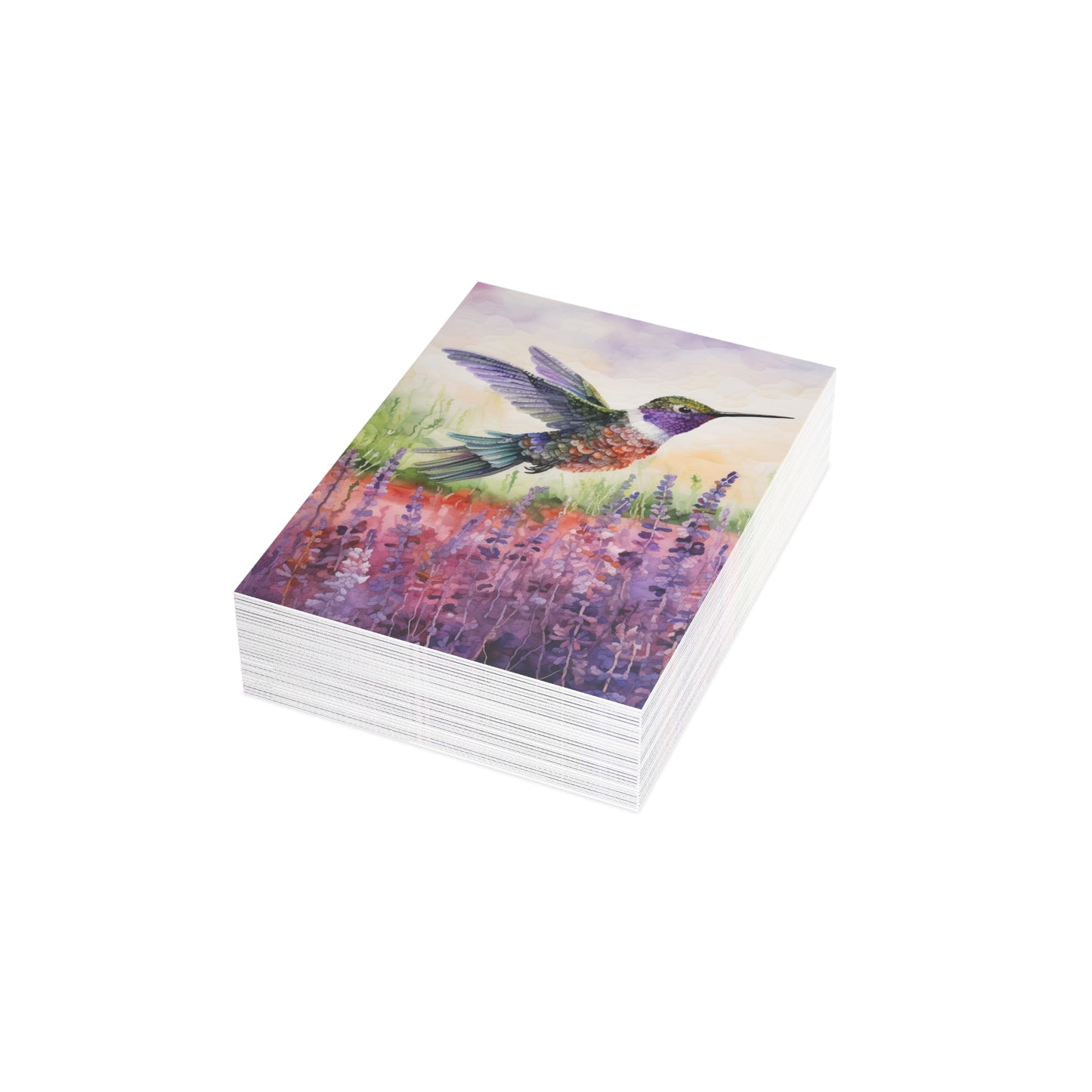 Threaded Wings: A humming's birds dance in a lavender field - Greeting Card