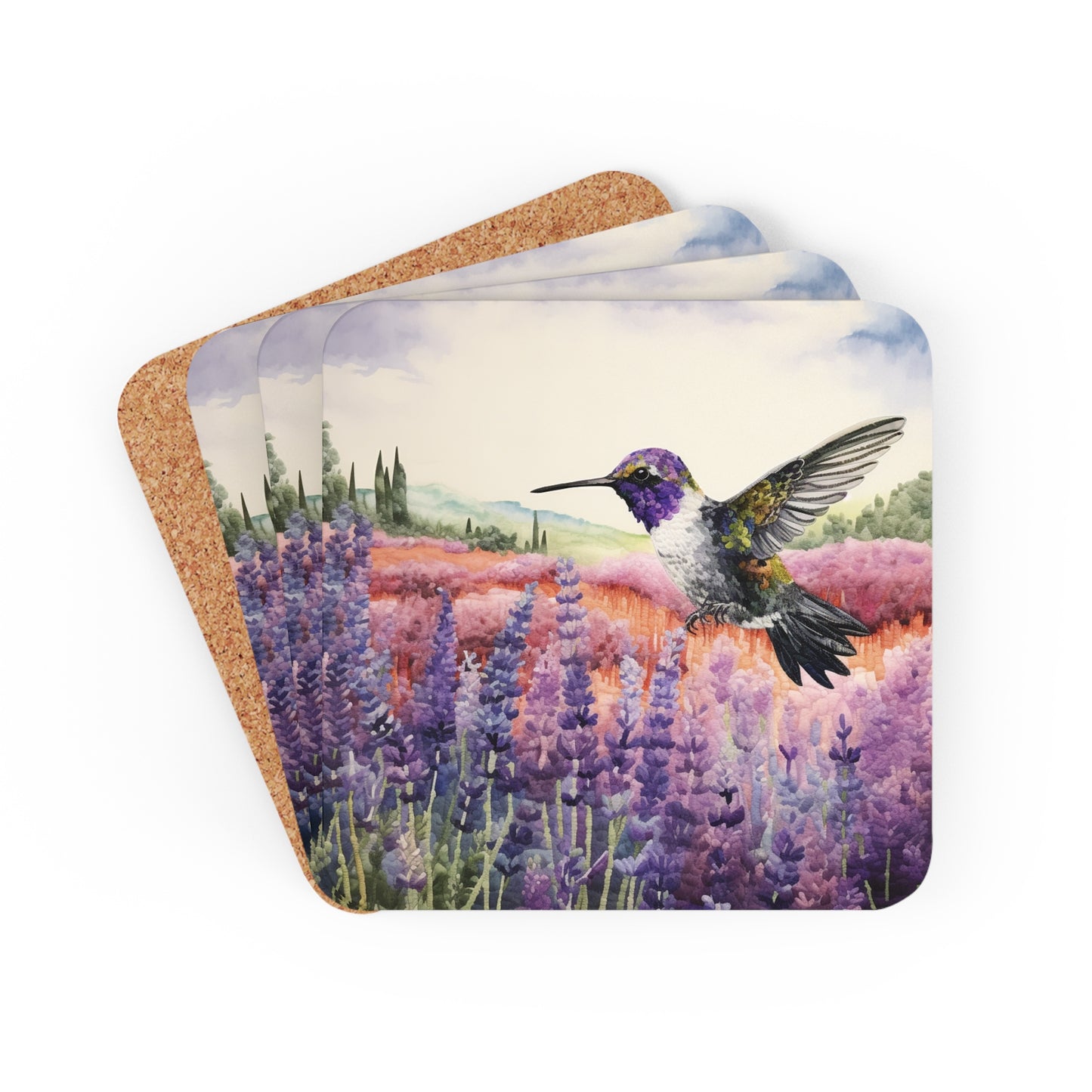 Watercoloured Whispers: Hummingbirds in Lavender Field Coasters (Series 1)