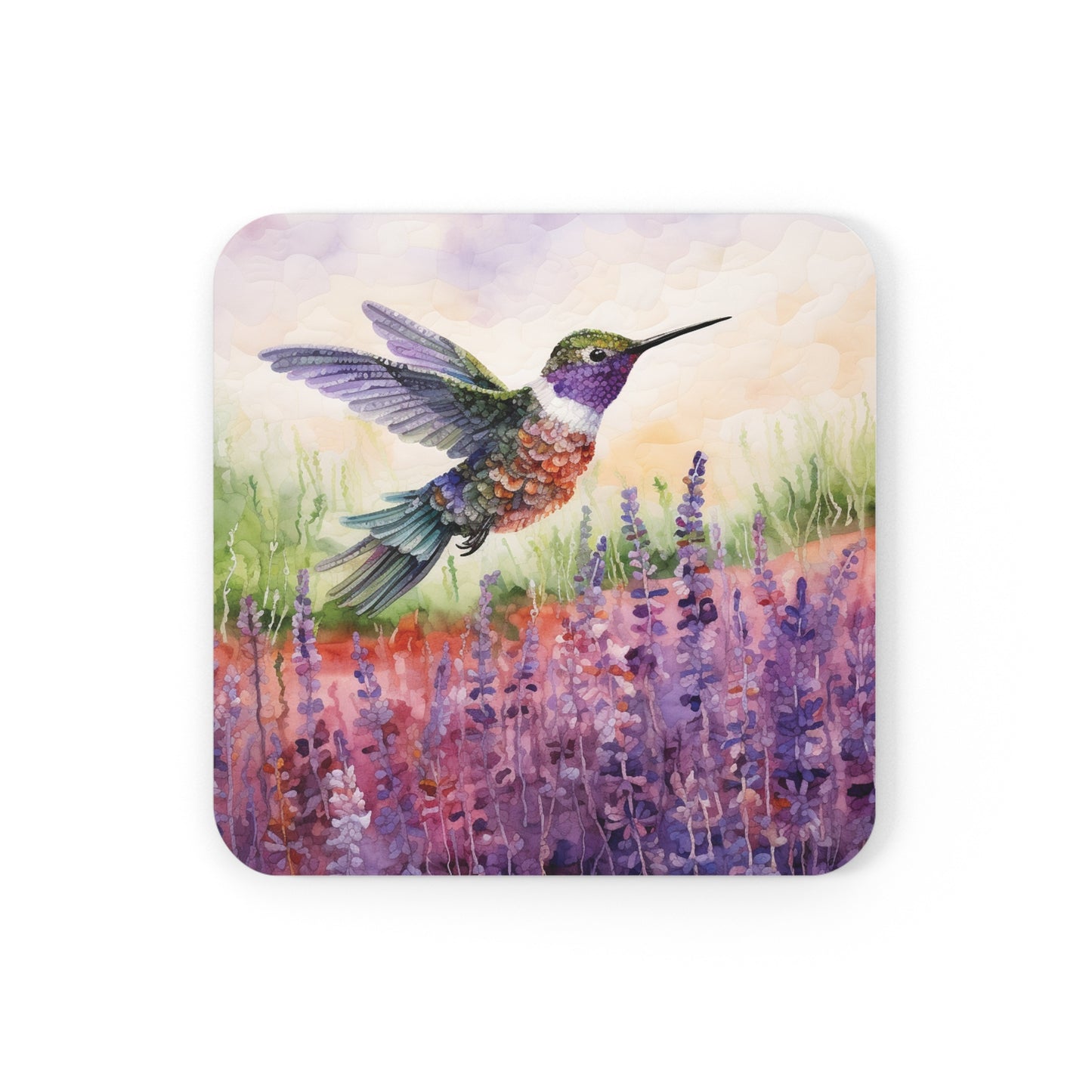 Watercoloured Whispers: Hummingbirds in Lavender Field Coasters (Series 3)