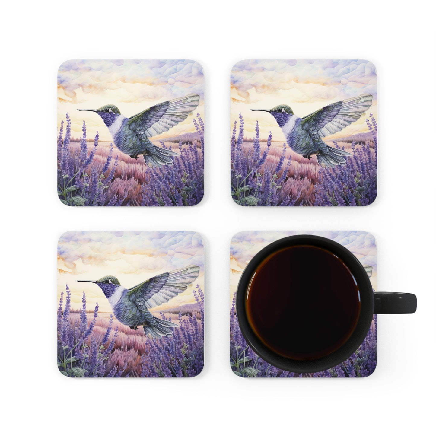 Watercoloured Whispers: Hummingbirds in Lavender Field Coasters (Series 2)