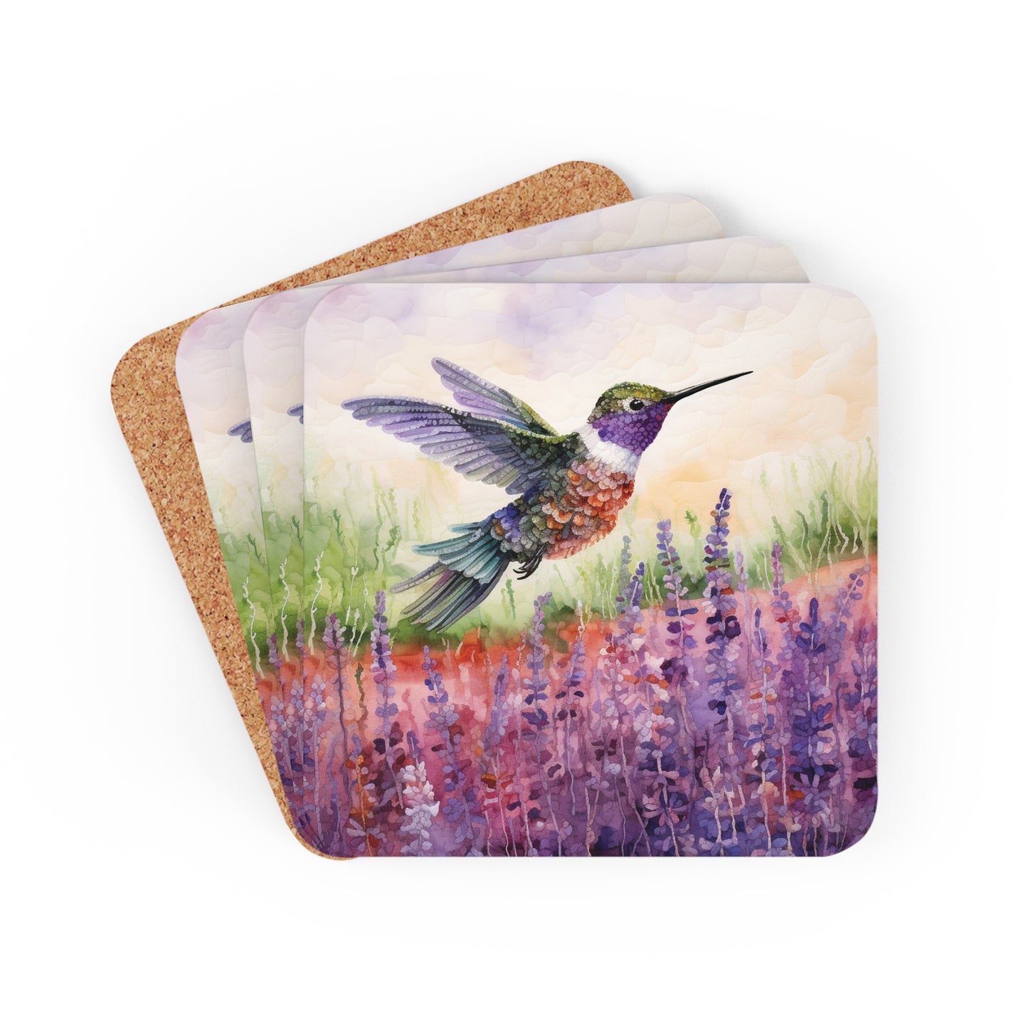 Watercoloured Whispers: Hummingbirds in Lavender Field Coasters (Series 3)