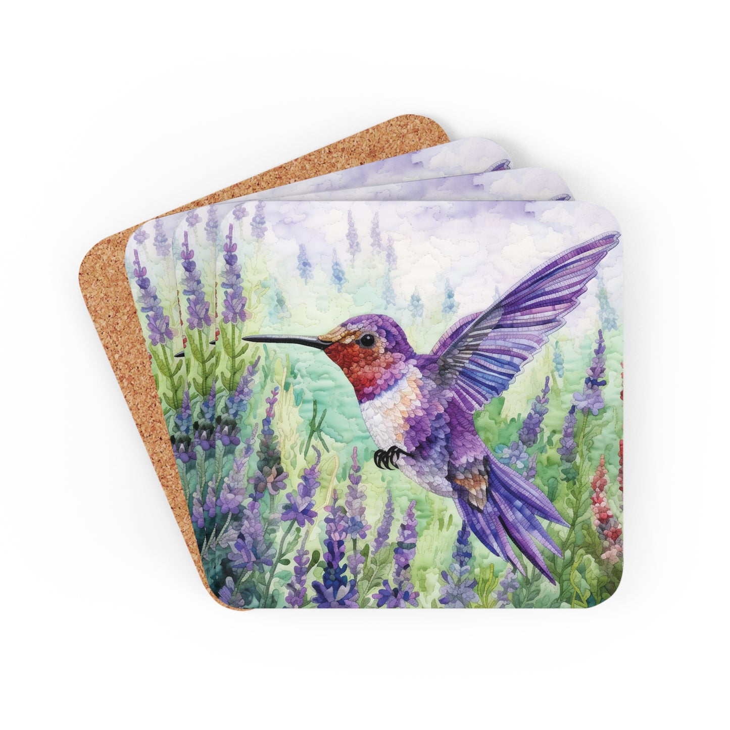 Watercoloured Whispers: Hummingbirds in Lavender Field Coasters (Series 4)