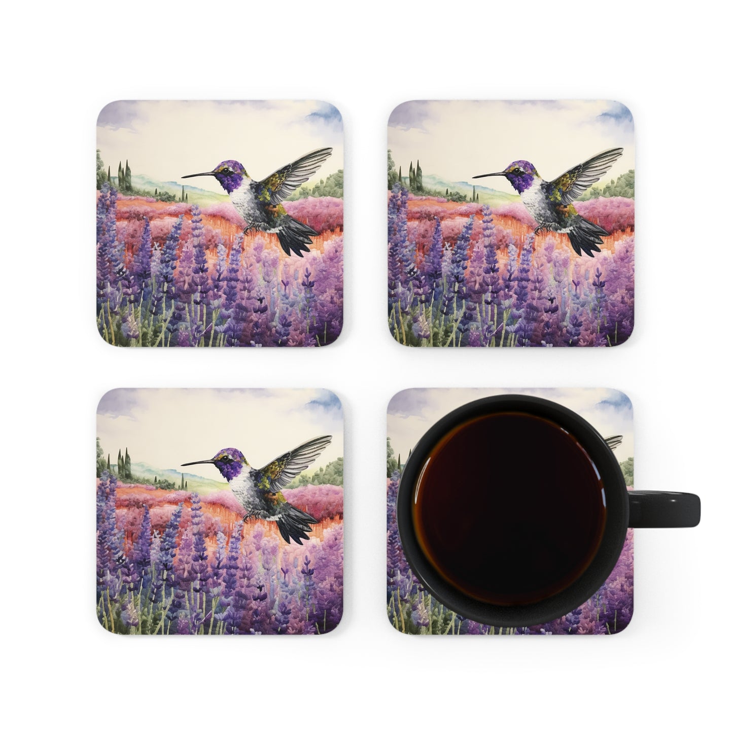 Watercoloured Whispers: Hummingbirds in Lavender Field Coasters (Series 1)