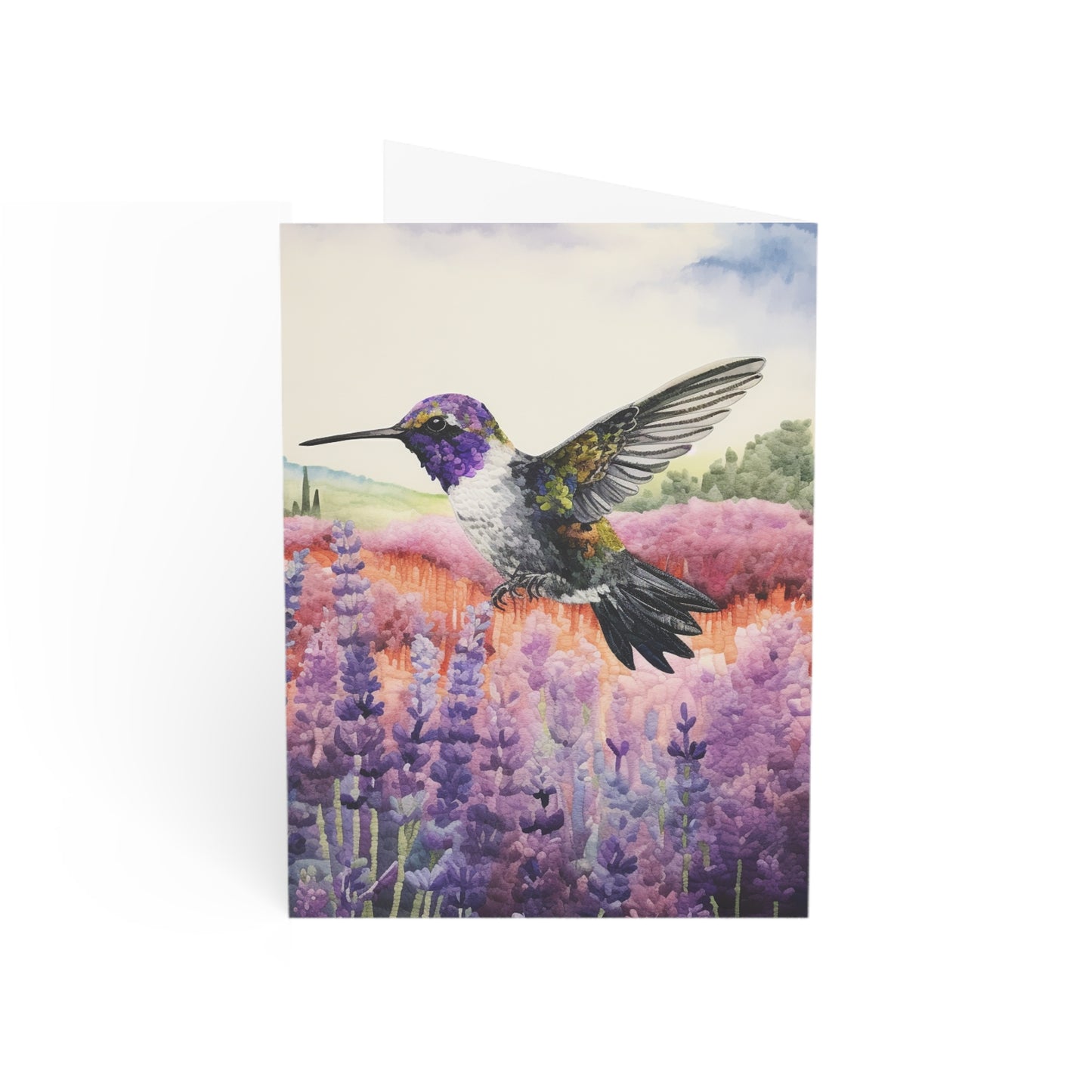 Threaded Wings: A humming's birds dance in a lavender field - Greeting Card