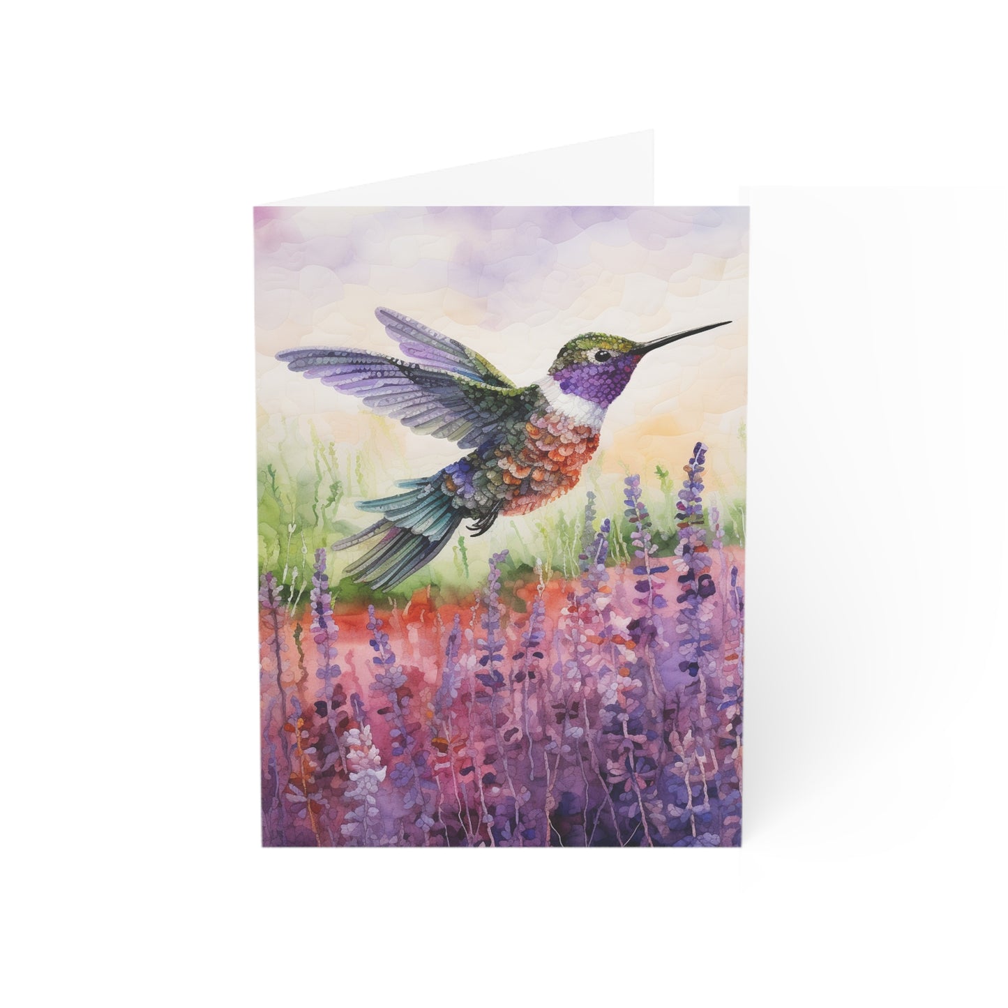 Threaded Wings: A humming's birds dance in a lavender field - Greeting Card