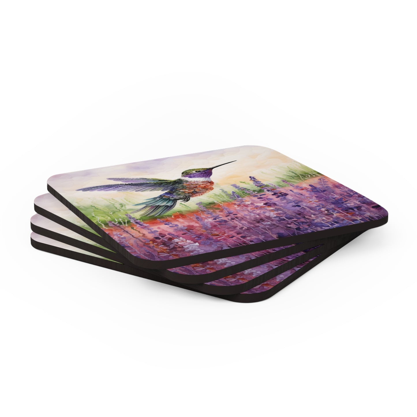 Watercoloured Whispers: Hummingbirds in Lavender Field Coasters (Series 3)