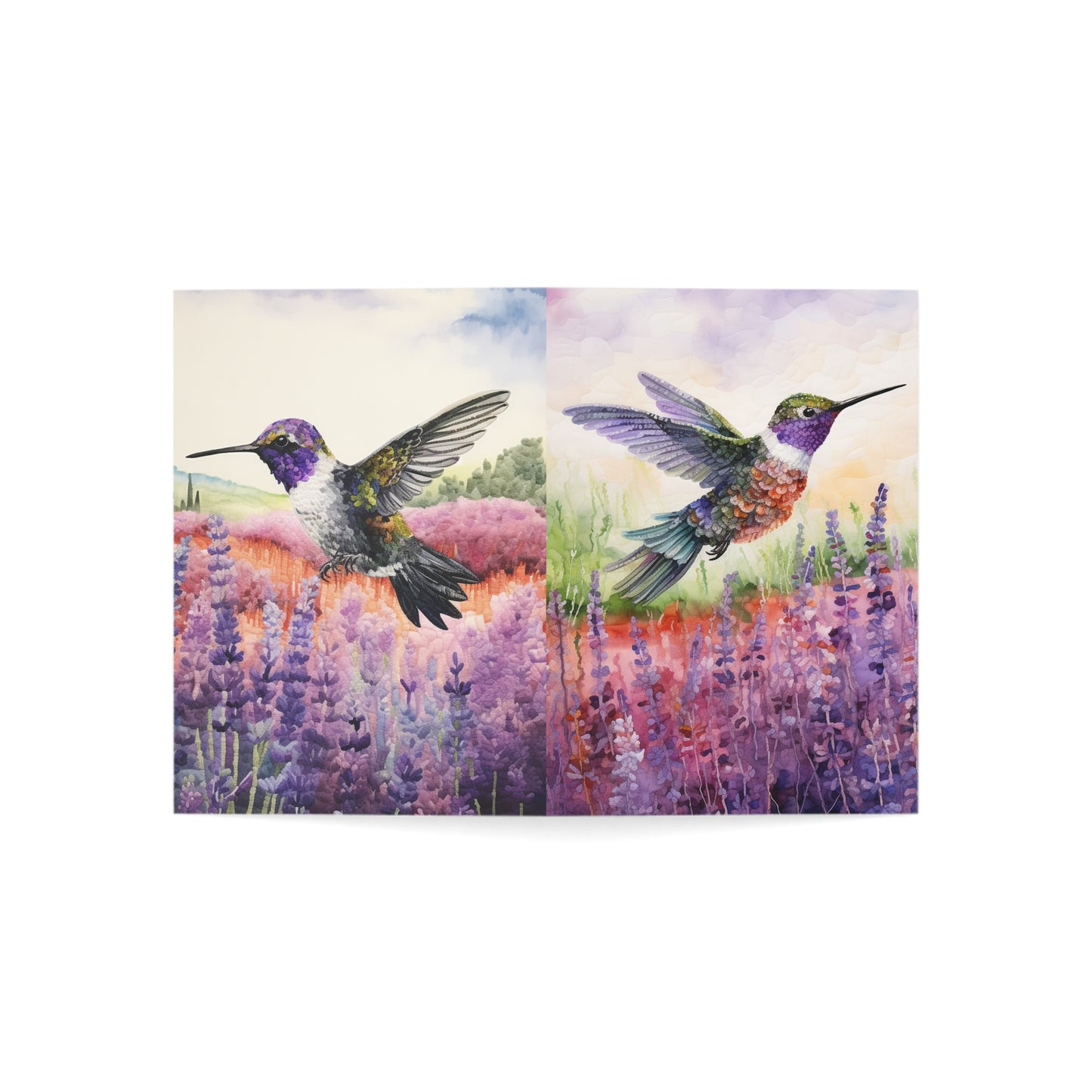 Threaded Wings: A humming's birds dance in a lavender field - Greeting Card